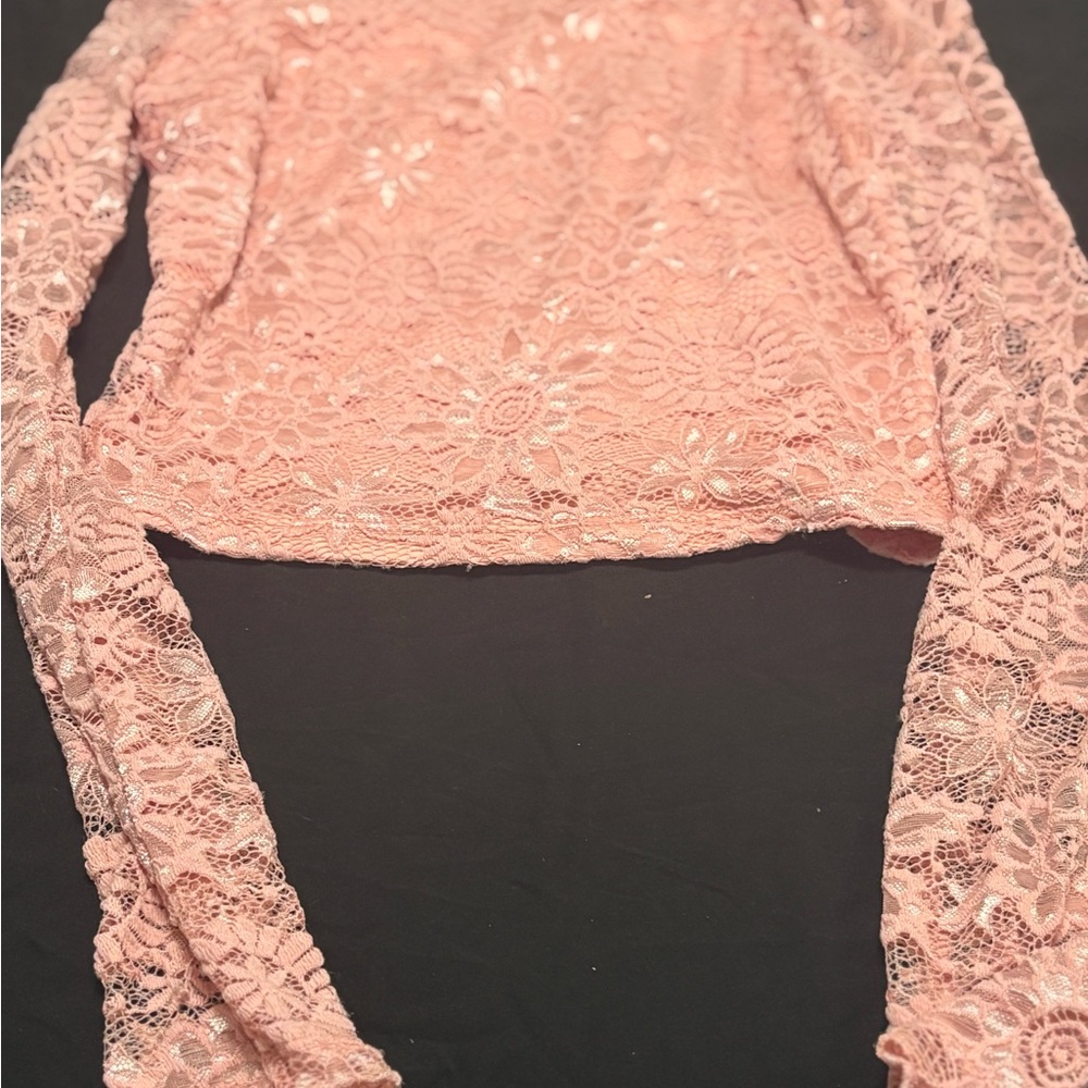 Pink Lace Long Sleeve Crop Top